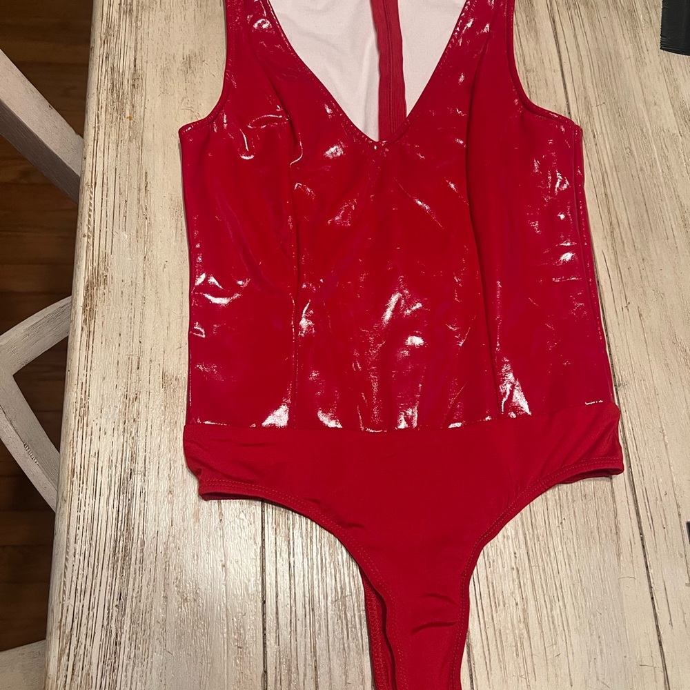 superdown Red Bodysuit with Plunging V-neckline and High-cut Leg
